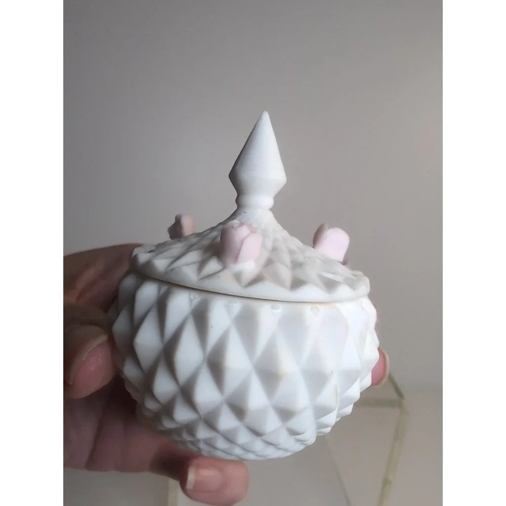 Norcrest Bisque Porcelain Trinket Box Set Of 2 Japan White & Pink W/Figurine